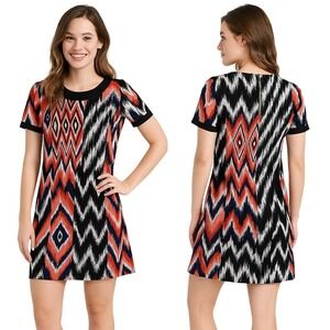 Jones New York Dress Size‎ 8 Red Blue White Geometric Print Short Sleeve